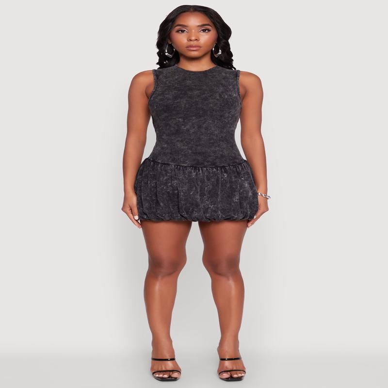Trendy Acid Wash Bubble Hem Skater Dress with Open Back