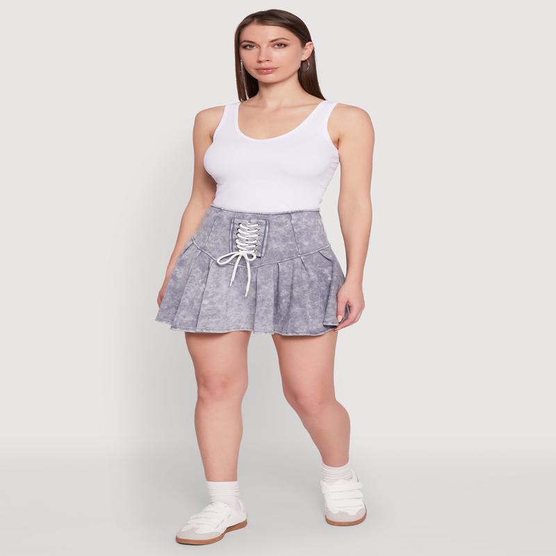 Trendy Lace Up Detail Mineral Wash Pleated Skirt