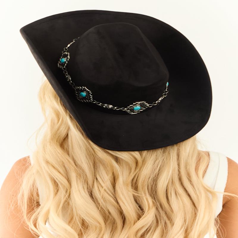 Black Faux Suede Cowboy Hat with Silver Concho Band