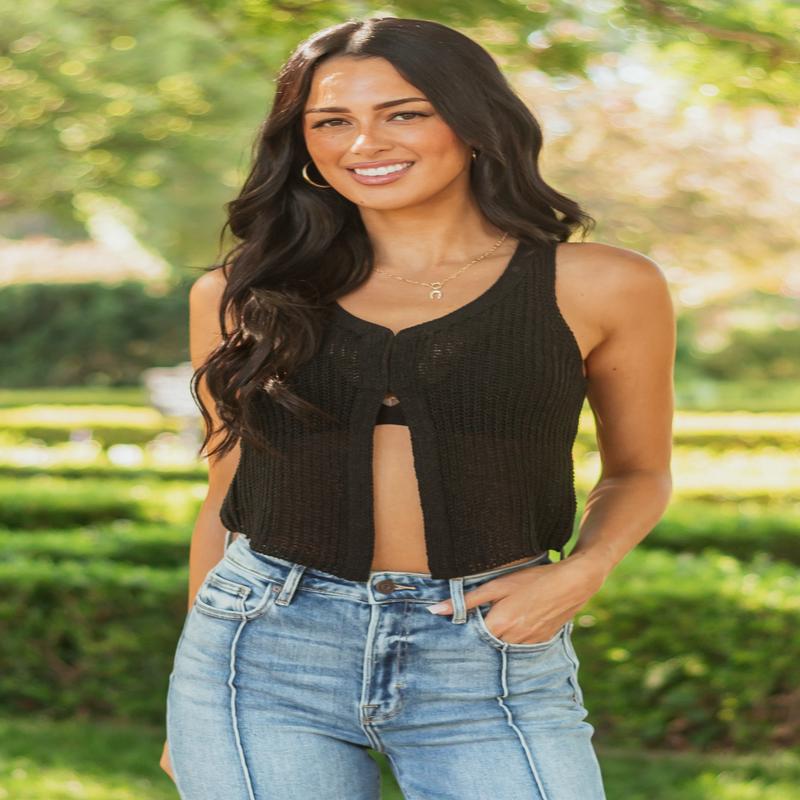 Black V Neck Cropped Rib Knit Vest