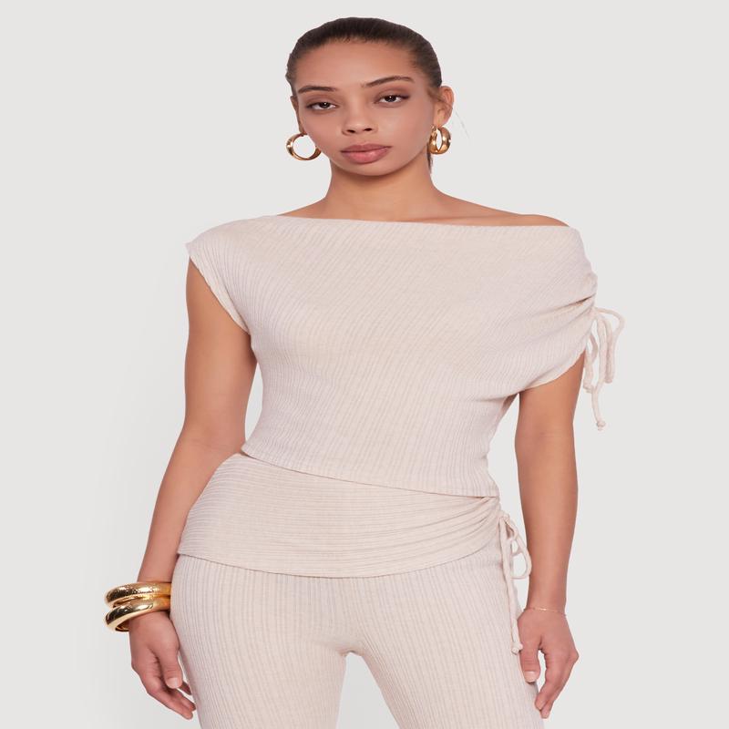 Brushed Rib Knit One Shoulder Drawstring Crop Top