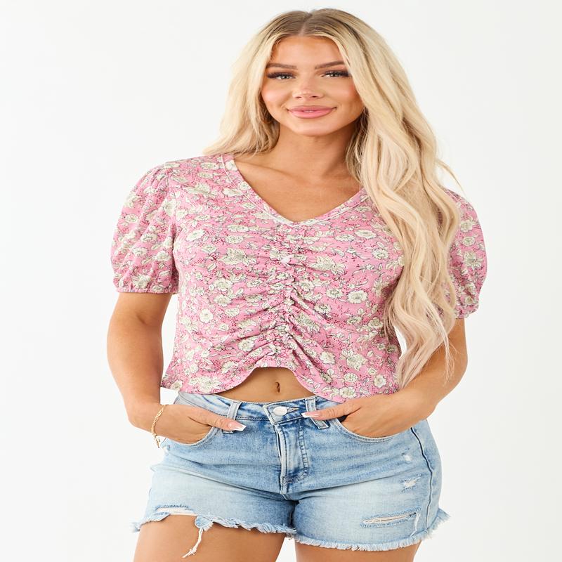 Bubblegum Floral Print Ruched Short Sleeve Top