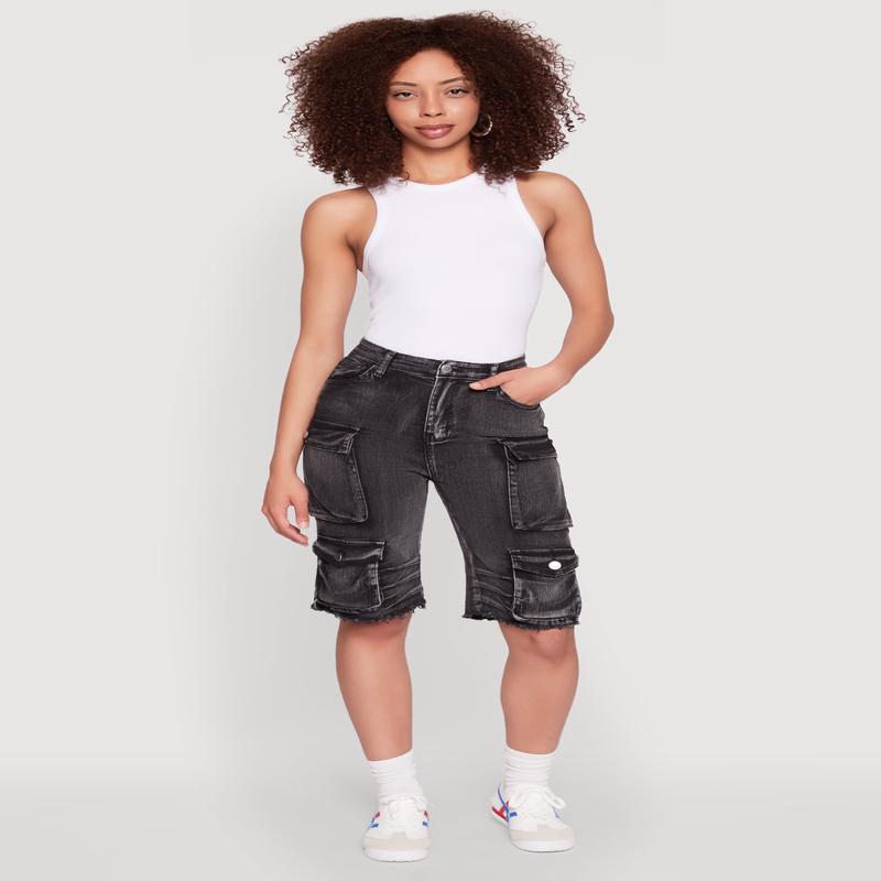 Daisy Acid Wash Raw Hem Utility Bermuda Shorts