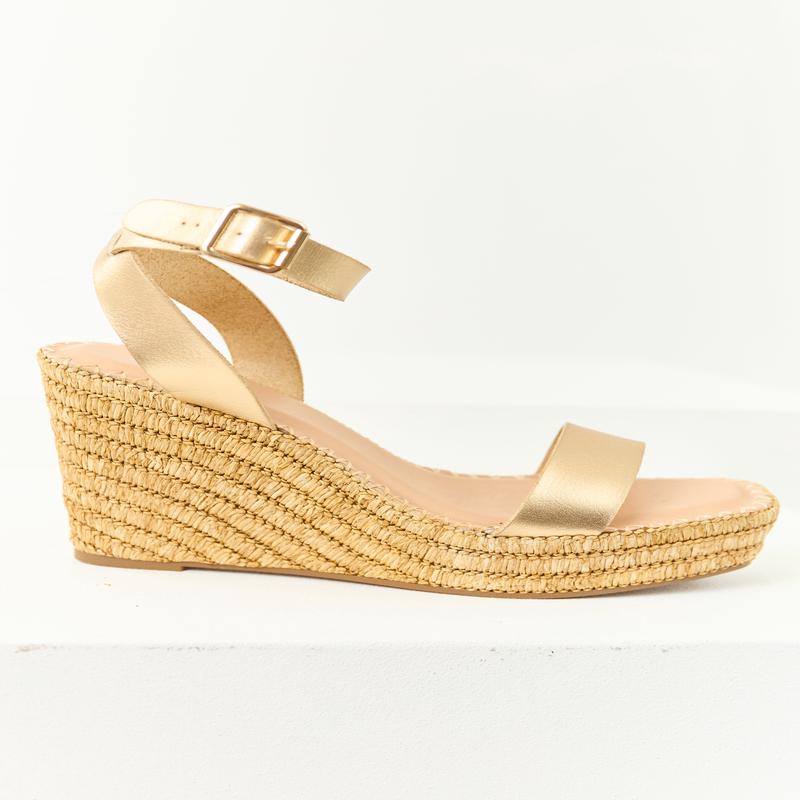 Gold Strap Open Toe Raffia Platform Wedges