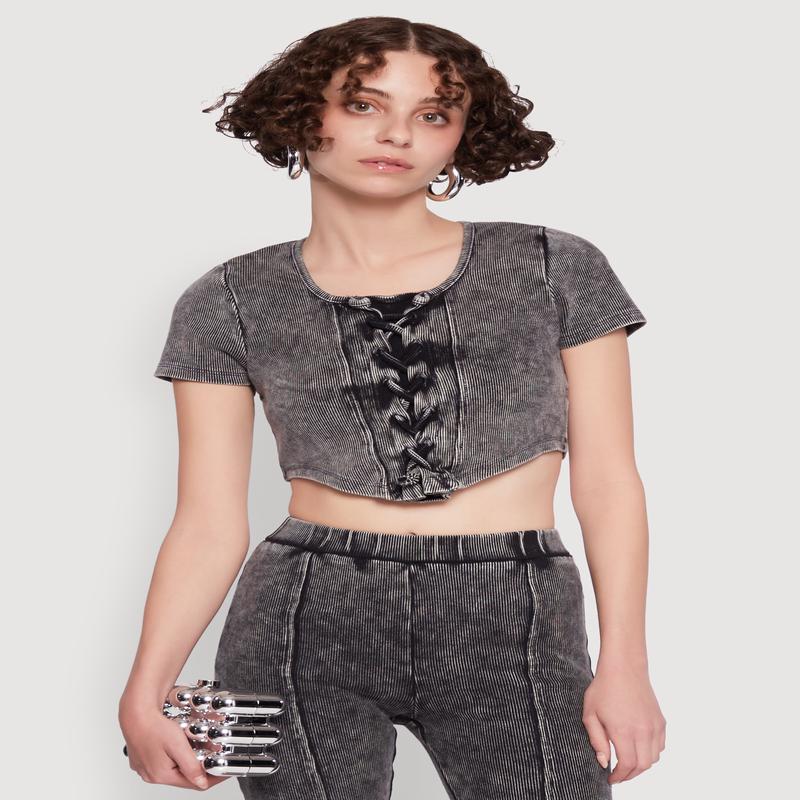 Mineral Wash Lace Up Detail Crop Top