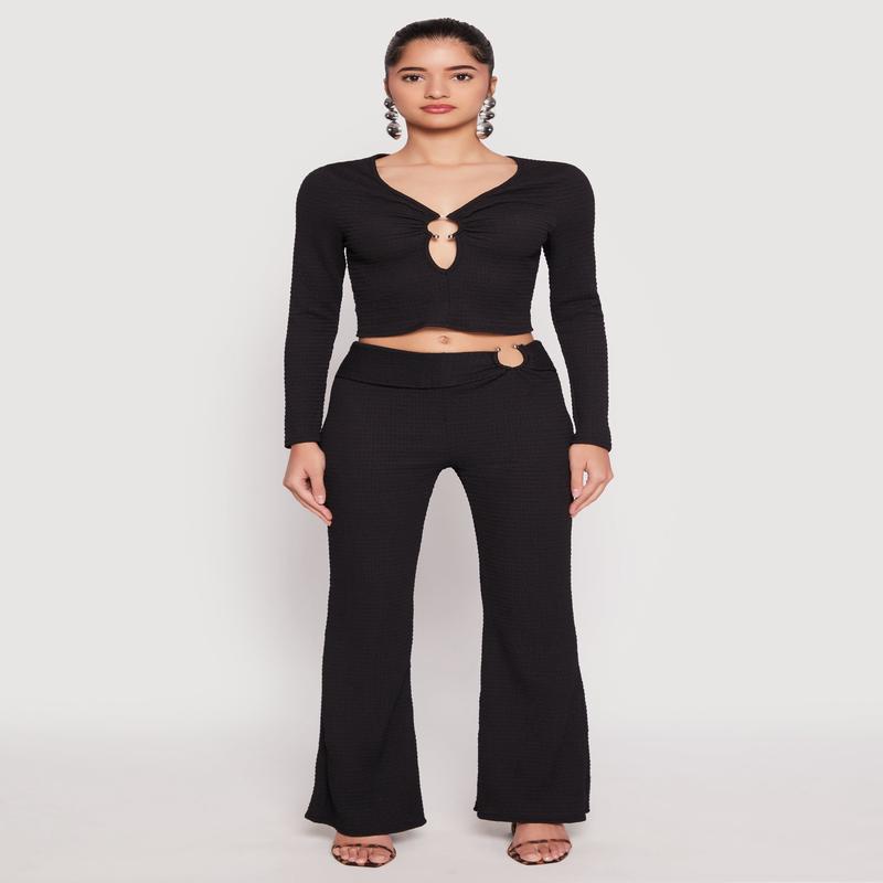 Textured Knit O Ring Waist Flare Pants