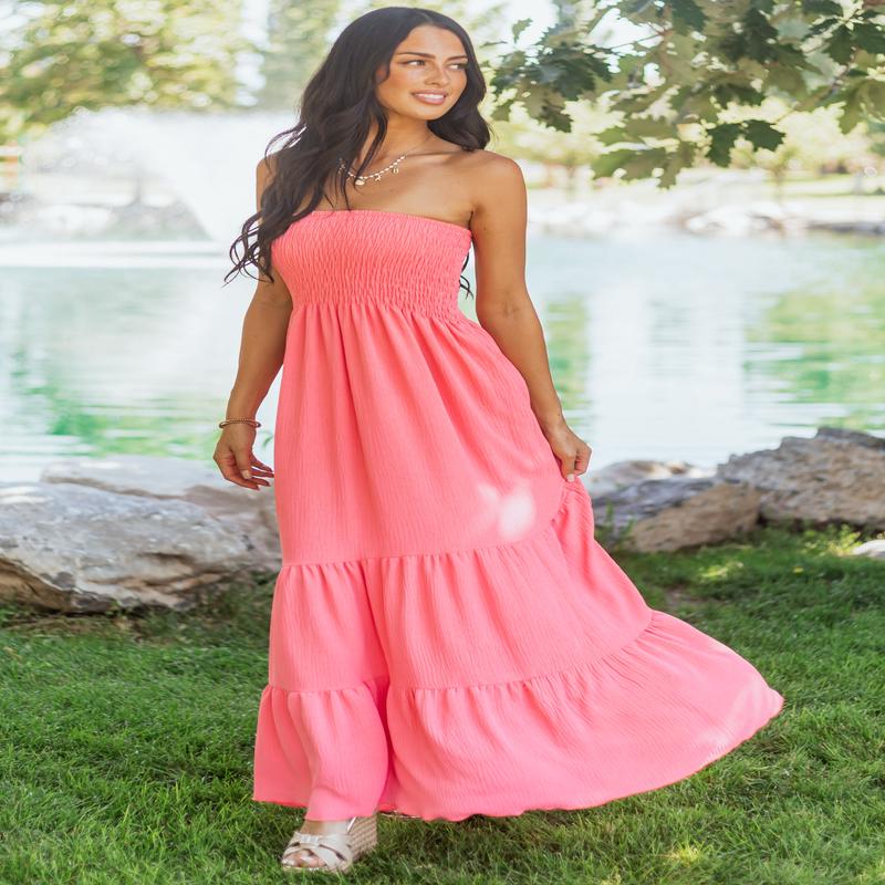 Watermelon Smocked Tiered Strapless Maxi Dress