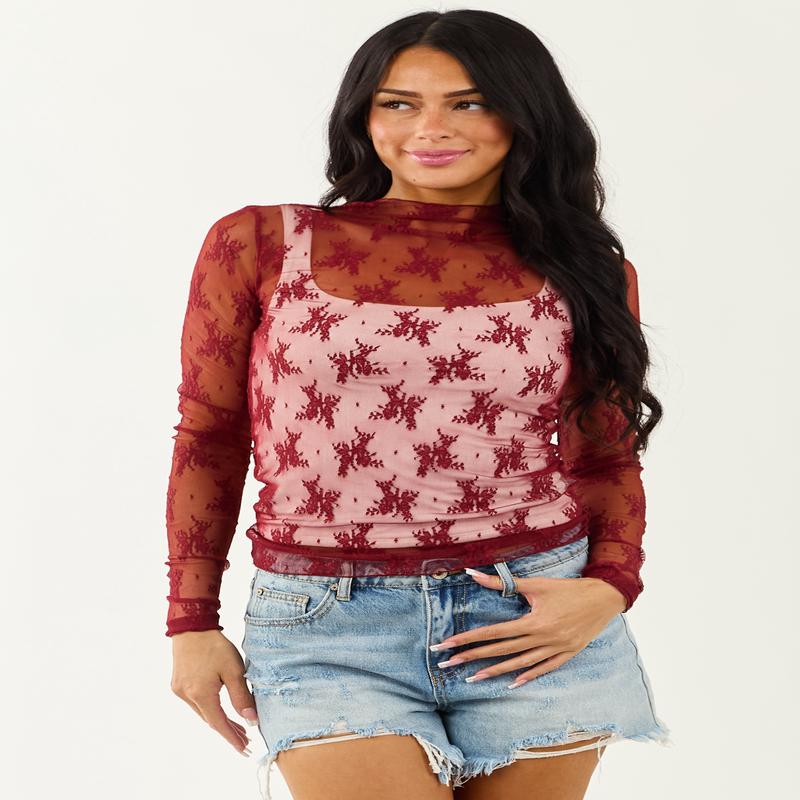 Wine Mesh Lace Mock Neck Long Sleeve Top