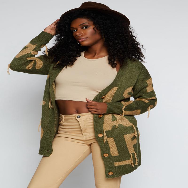 Alphabet Fringe Detail Button Front Cardigan