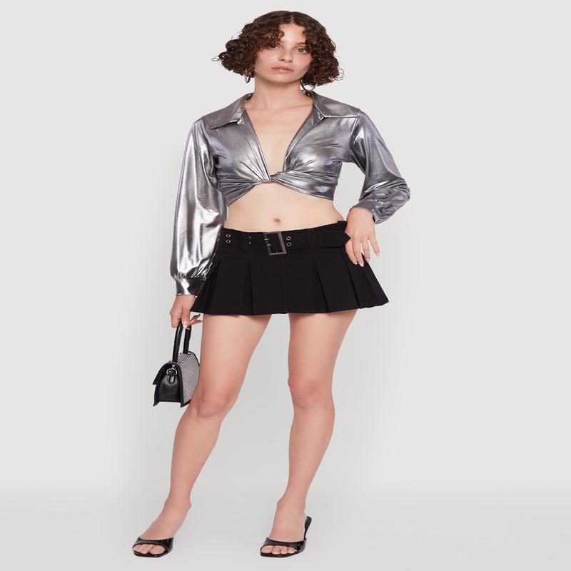 Bubble Sleeve Twist Front Plunge Crop Top