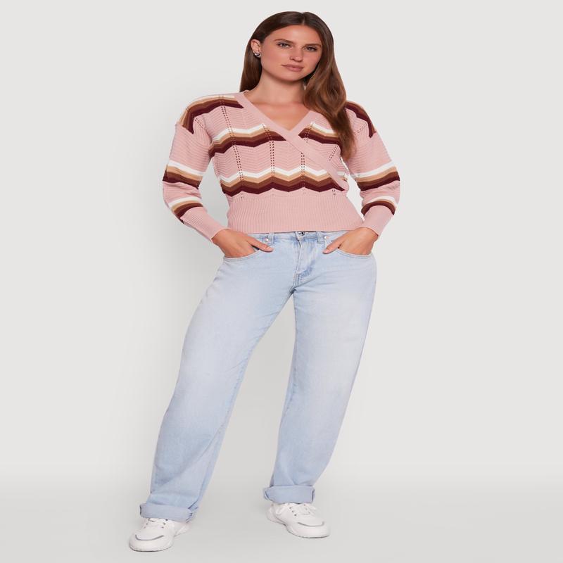 Chevron Print Ribbed Knit Faux Wrap V-Neck Sweater