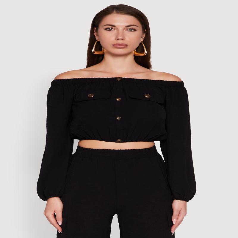 Crepe Knit Bubble Sleeve Off The Shoulder Crop Top