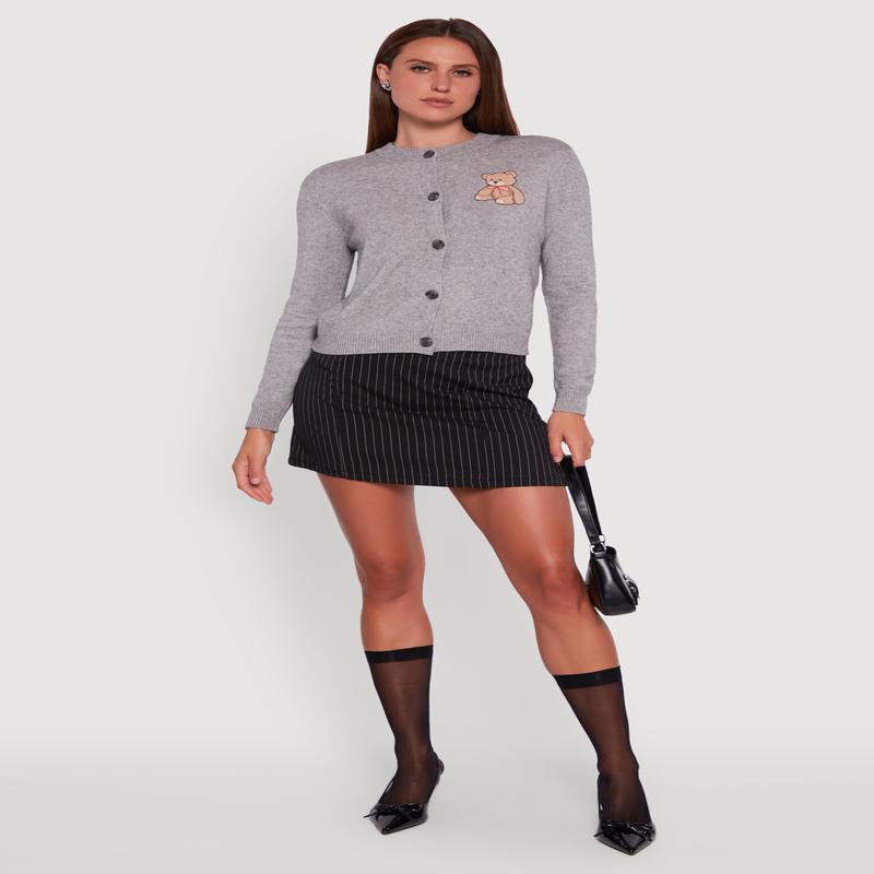 Embroidered Teddy Button Front Long Sleeve Cardigan
