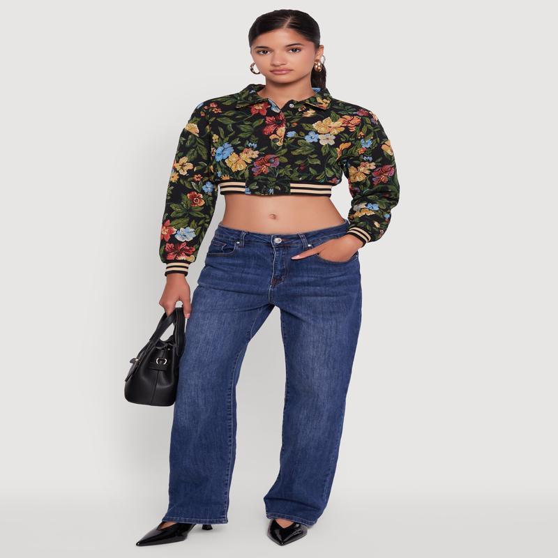 Floral Jacquard Cropped Bomber Jacket