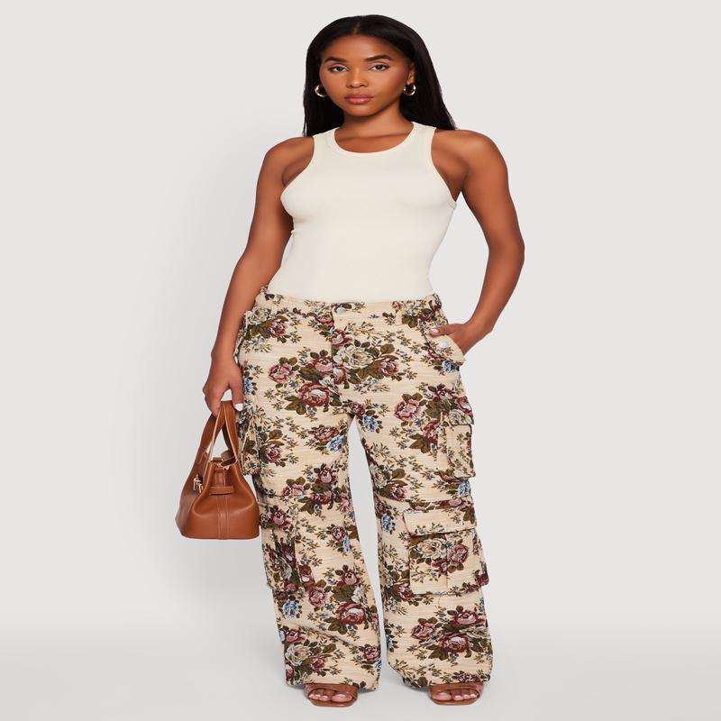 Floral Jacquard Wide Leg Utility Pants