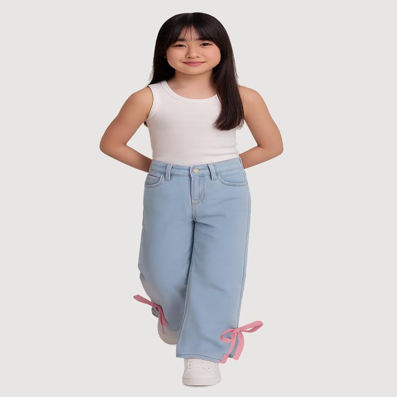 Girls Bow Detail Side Slit Adjustable Waistband Jeans