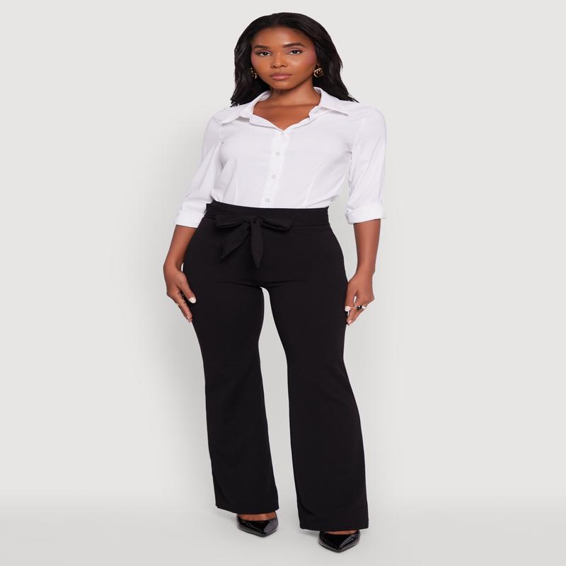 High Waisted Crepe Knit Tie Front Dress Pants