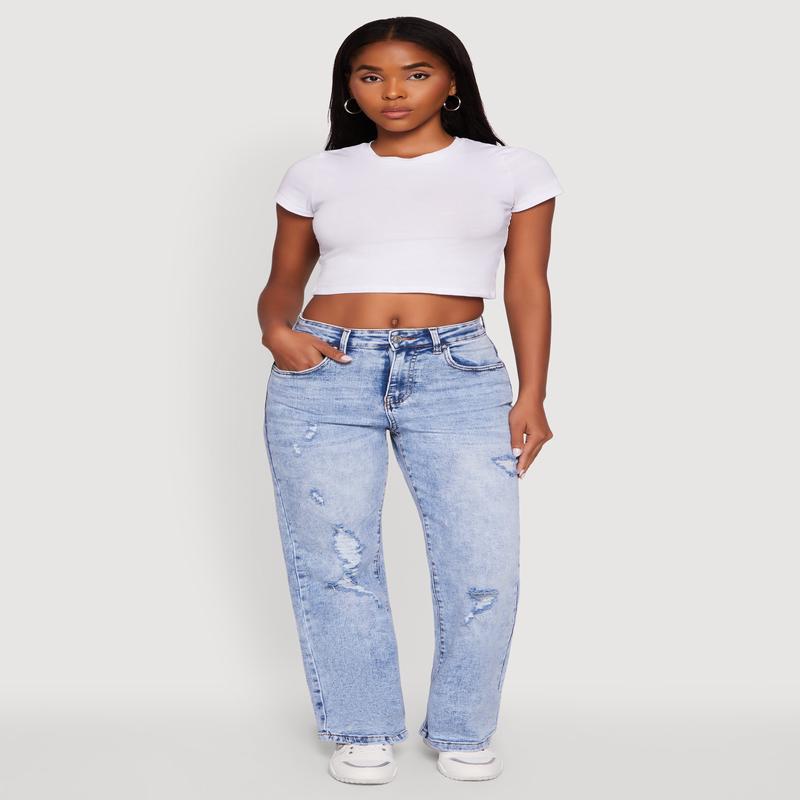 Mineral Wash Whiskered Distressed Straight Leg Jeans