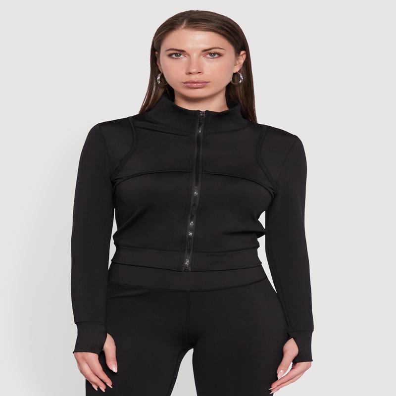 Mock Neck Long Sleeve Activewear Jacket with Thumb Holes