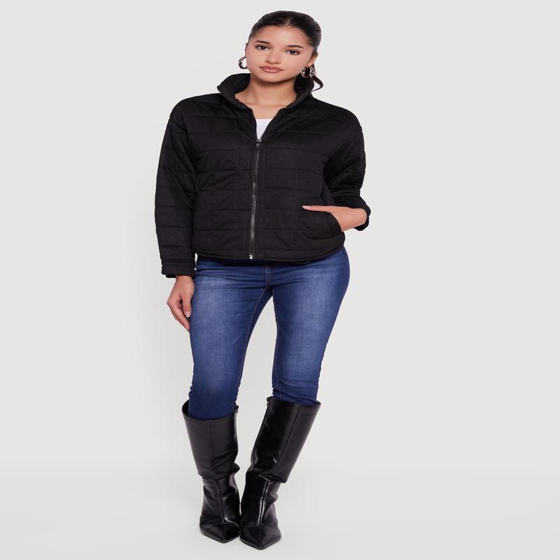 Mock Neck Zip Front Quilted Jacket