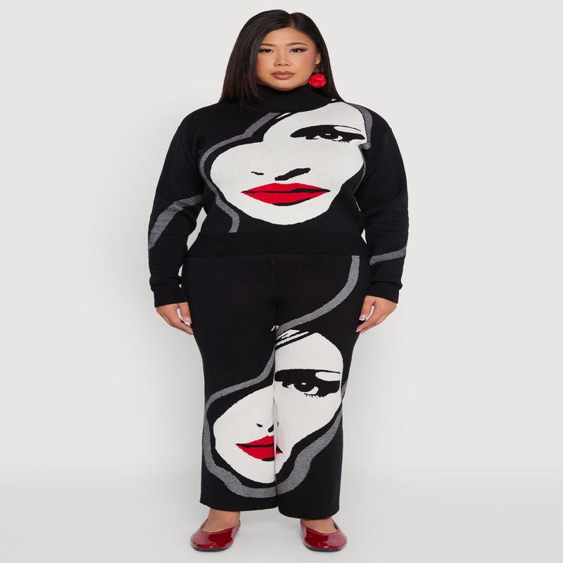 Plus Size Ribbed Knit Face Graphic Wide Leg Pants