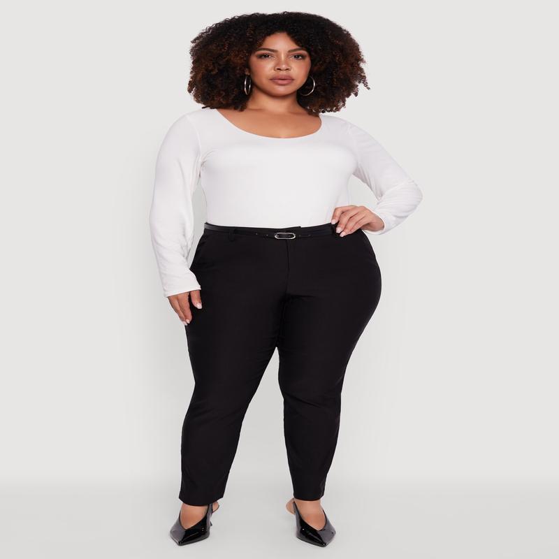 Plus Size Skinny Leg Solid Pants with Belt