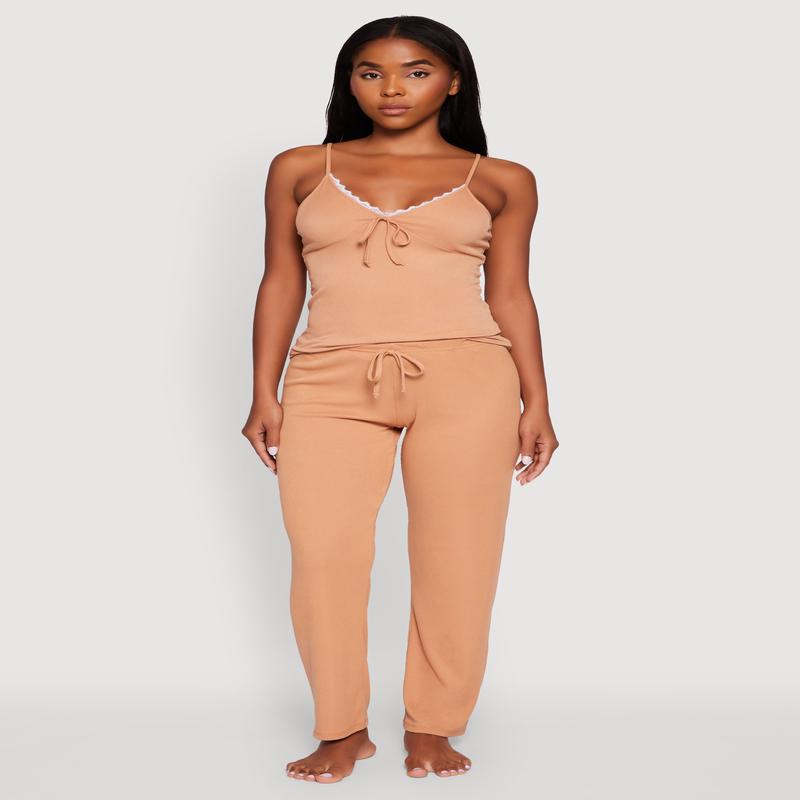 Rib Knit Lace Trim Pajama Cami and Pants Set