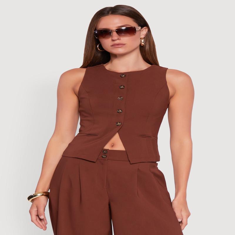 Solid Crepe Knit Button Front Blazer Vest