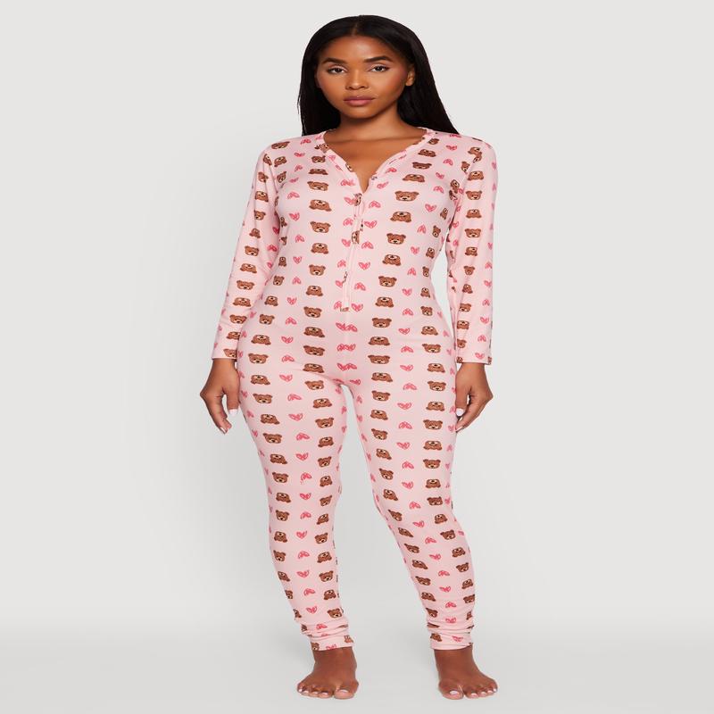 Teddy Bear Heart Graphic V-Neck Pajama Onesie