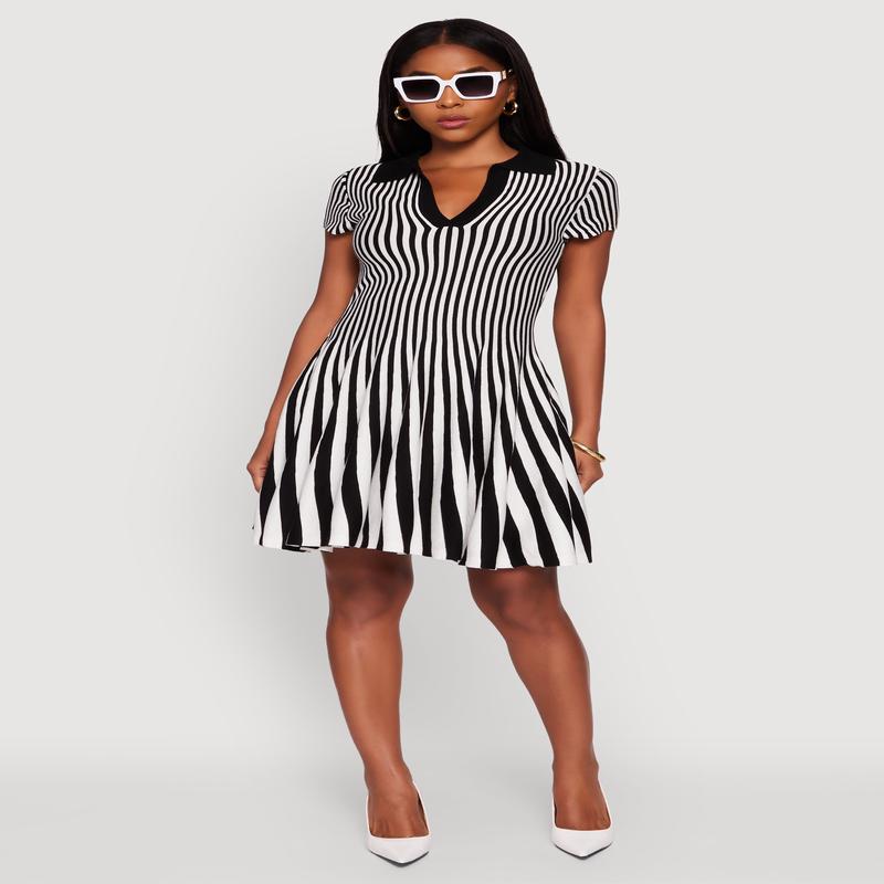 Trendy Striped Short Sleeve Polo Skater Dress