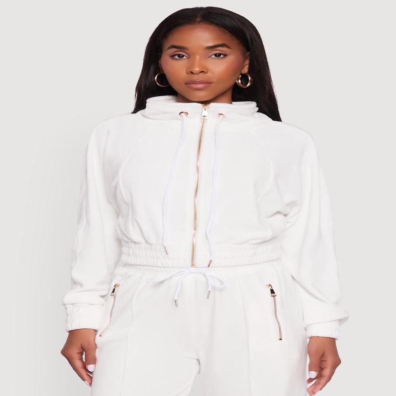 Velour Drawstring Mock Neck Cropped Zip Front Sweatshirt