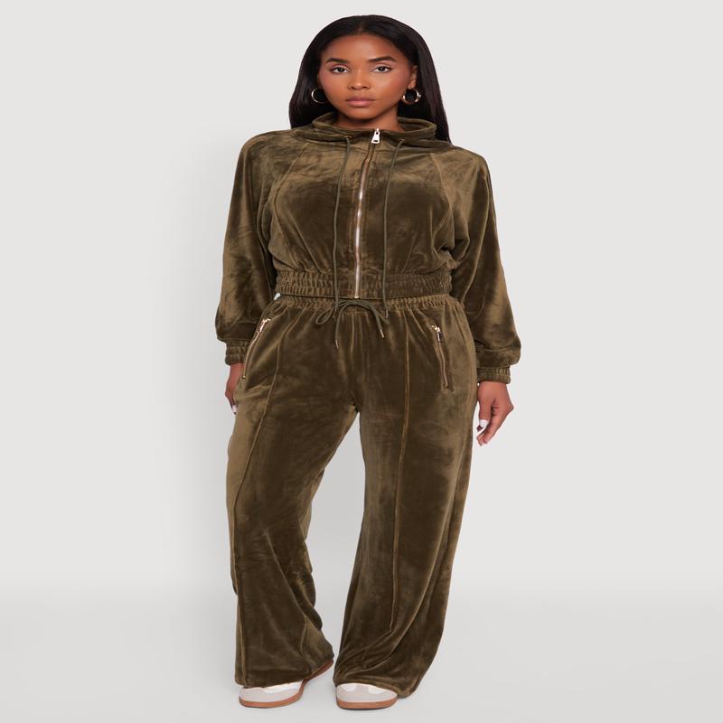 Velour Zip Pocket Drawstring Wide Leg Sweatpants