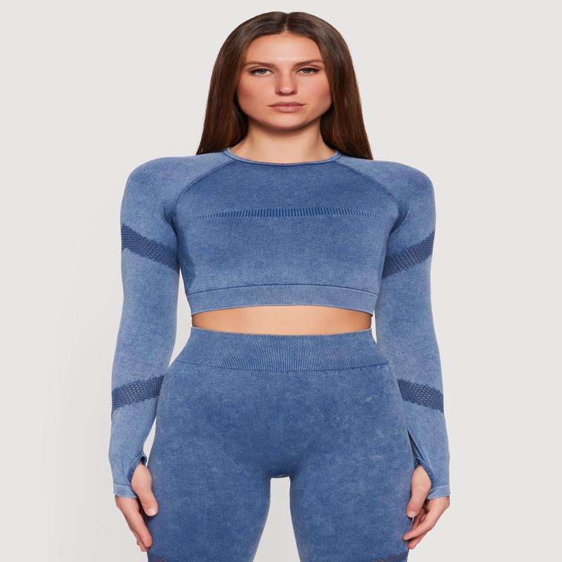 Acid Wash Laser Cut Long Sleeve Crop Top with Thumb Holes