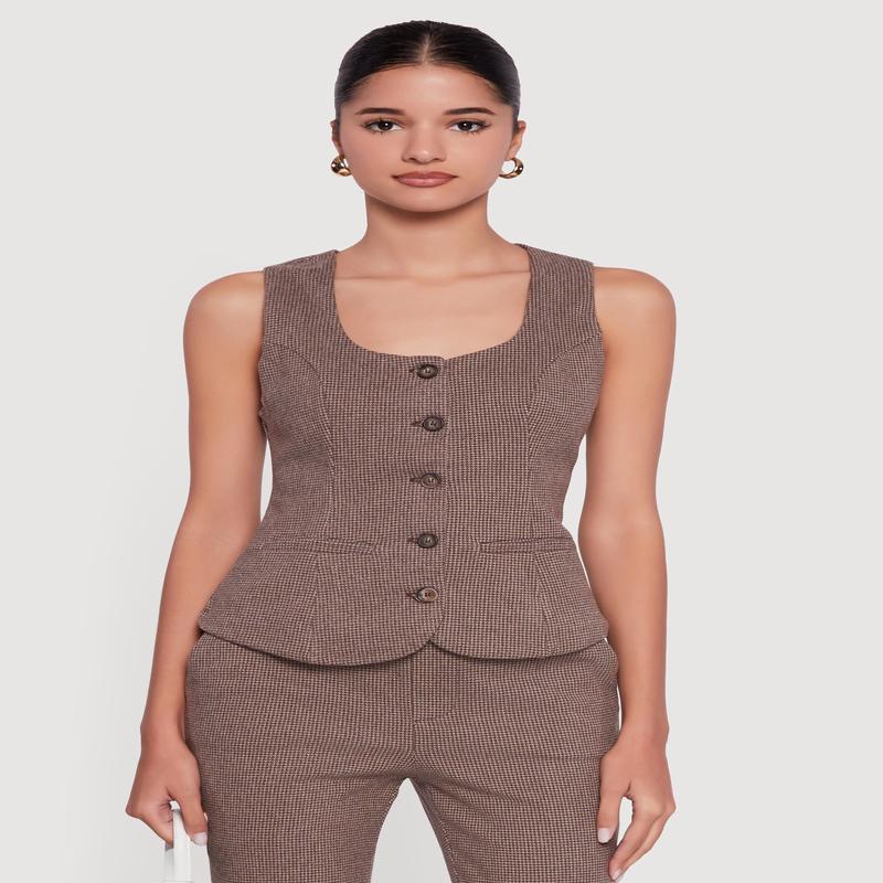 Button Front Houndstooth Blazer Vest