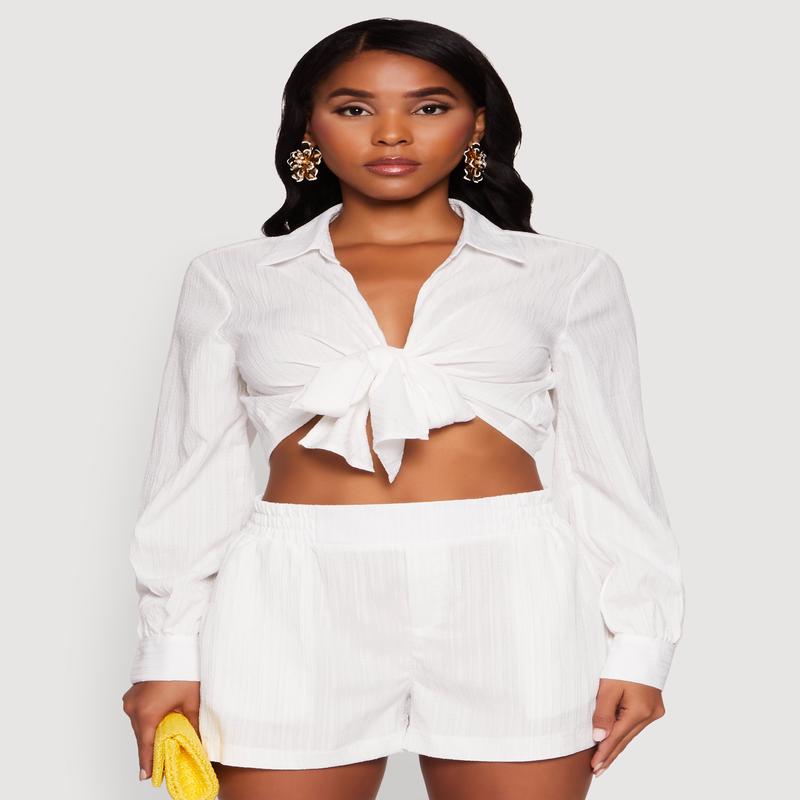 Chic Textured Knit Bubble Sleeve Tie Front Crop Top