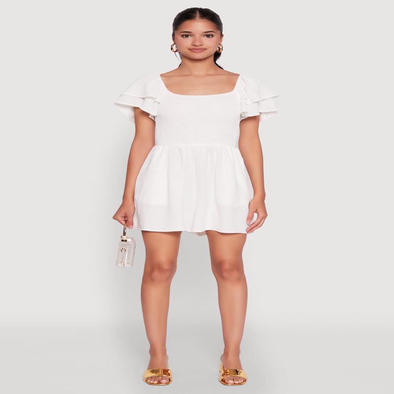 Chic Tiered Ruffle Sleeve Smocked Crepe Knit Romper