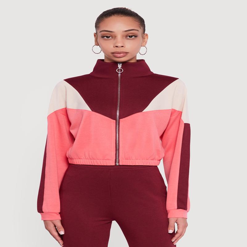 Color Block Long Sleeve Mock Neck Zip Front Top