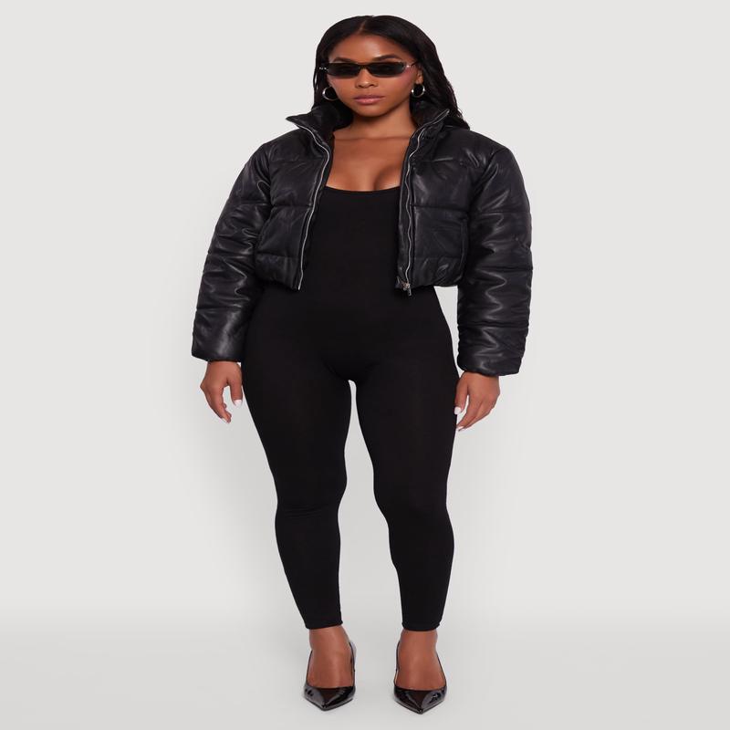 Cropped Faux Leather Puffer Jacket