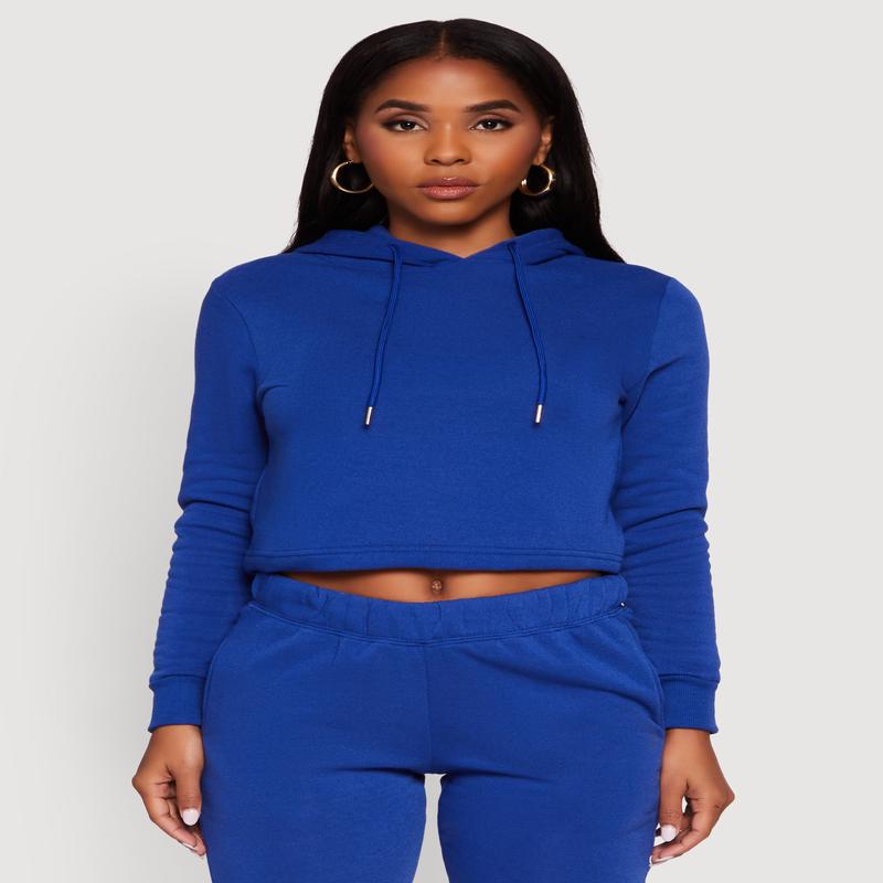 Fleece Lined Cropped  Pullover Hooded Sweatshirt