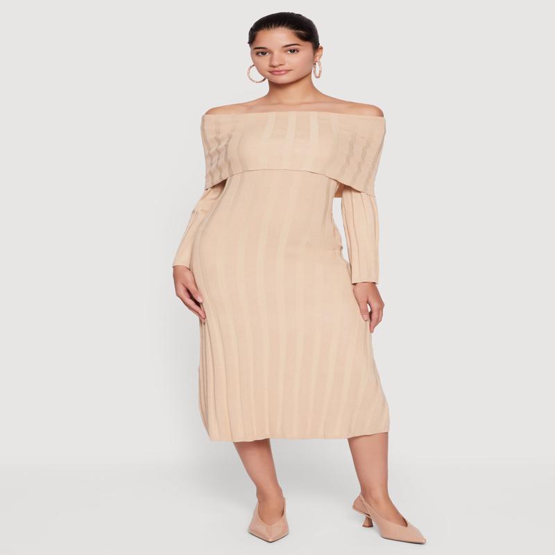 Fold Over Off the Shoulder Ribbed Knit Midi Dress