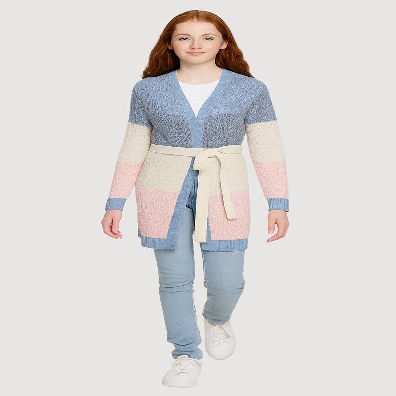 Girls Color Block Open Front Cardigan with Tie Waist Belt
