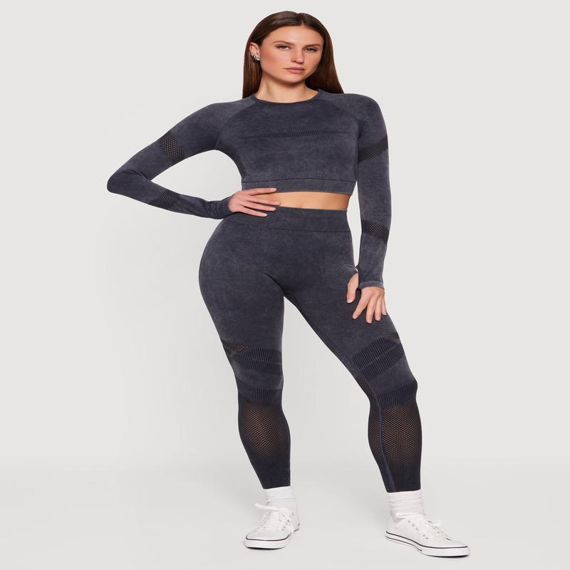 High Waisted Acid Wash Laser Cut Leggings