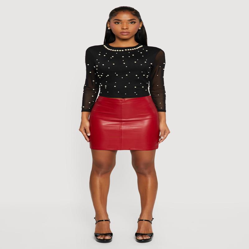 Mesh Long Sleeve Top with Faux Pearls