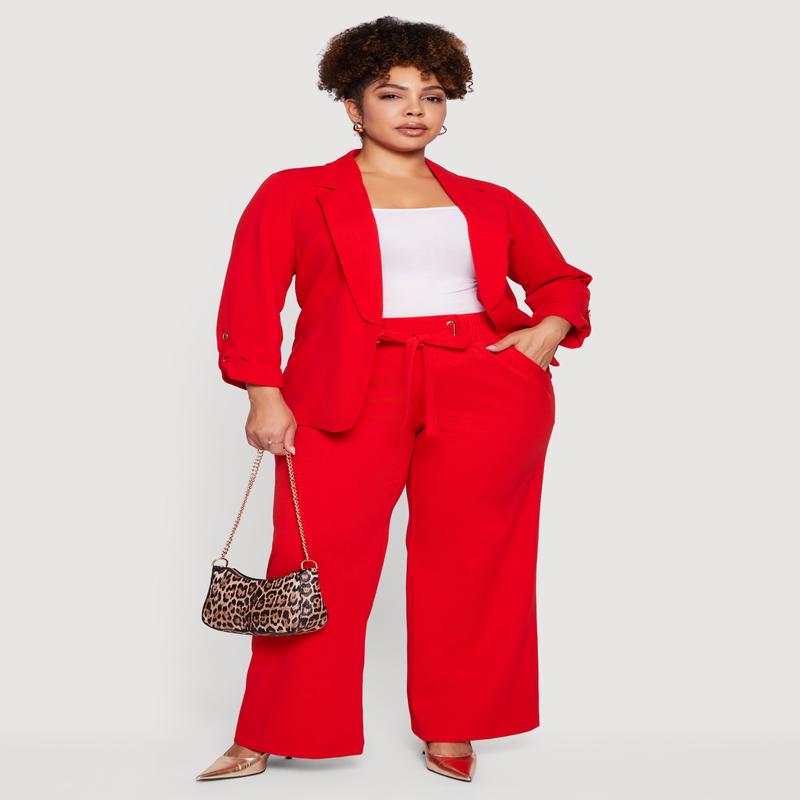 Plus Size Crepe Knit Drawstring Detail Wide Leg Pants