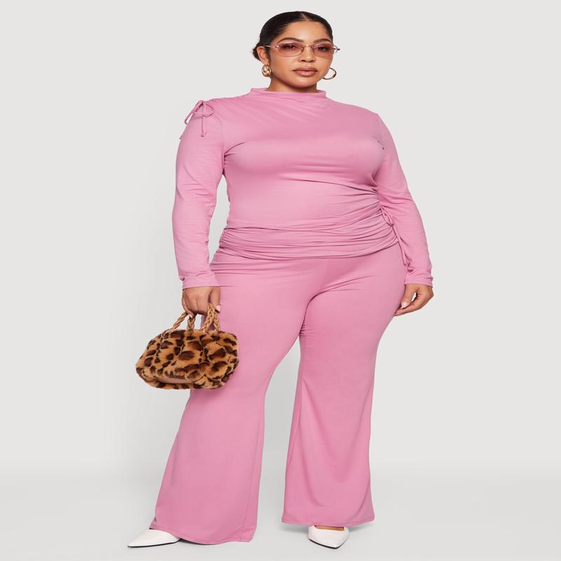 Plus Size Ruched Fold Over Flare Leg Pants