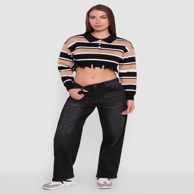Striped Polo Collar Frayed Hem Crop Sweater