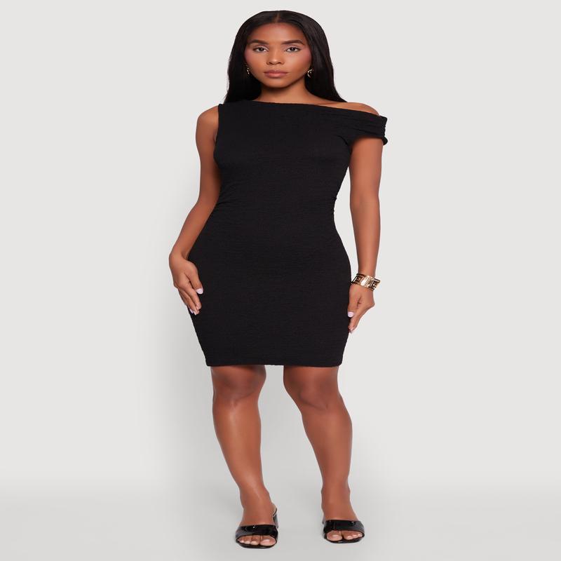 Textured Knit One Shoulder Bodycon Dress