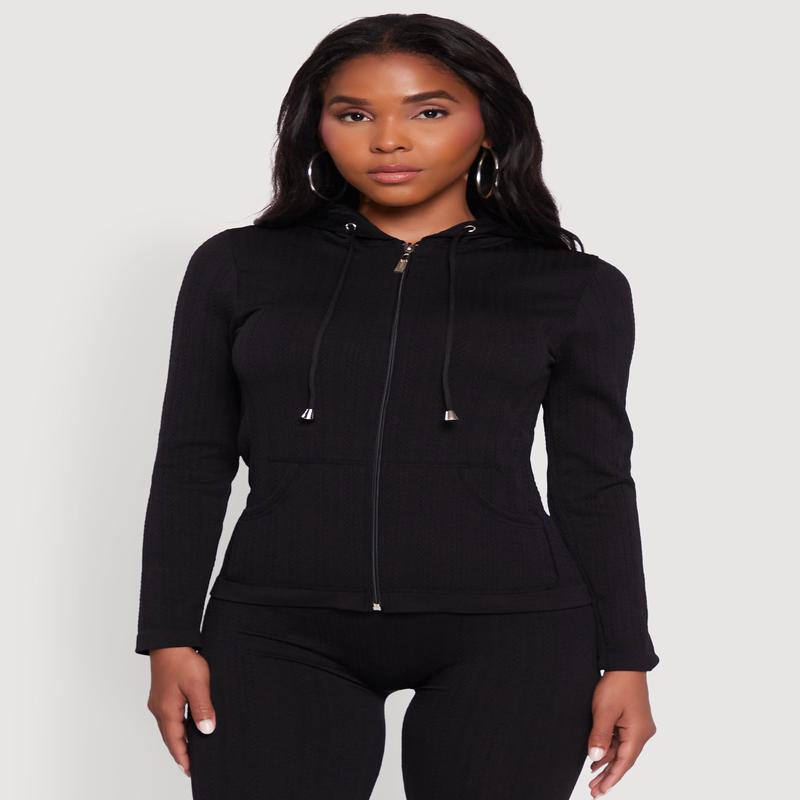 Textured Knit Zip Front Drawstring Hoodie