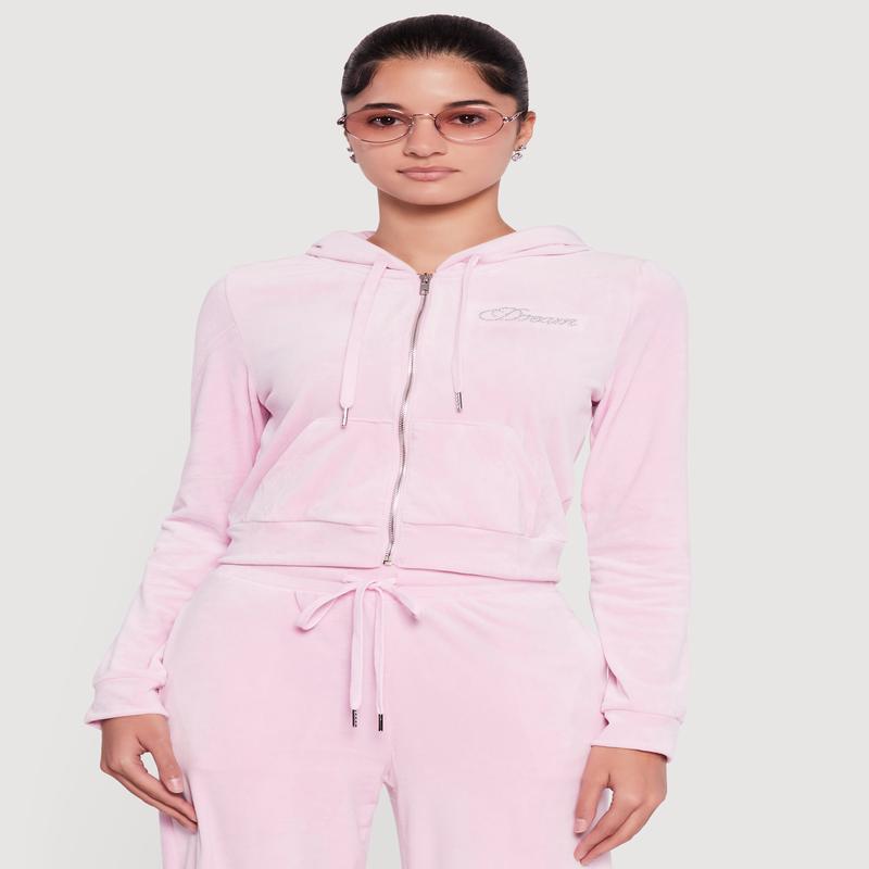 Velour Rhinestone Dream Graphic Zip Front Hoodie