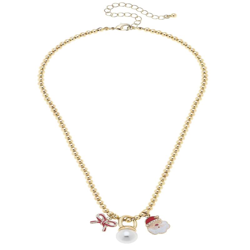 Canvas Style Candy Cane Bow & Santa Bead Necklace